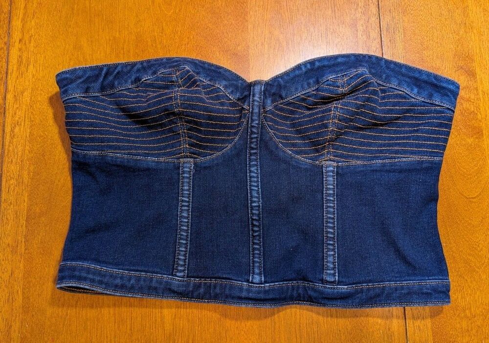 Express Denim Bustier Corset Top Dark Wash Structured Stitching Size L Cropped